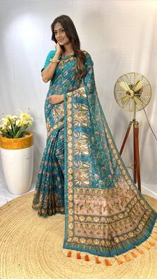 Sky Blue Chanderi Style Cotton Saree And Digital Printed Saree With Blouse For Women 1