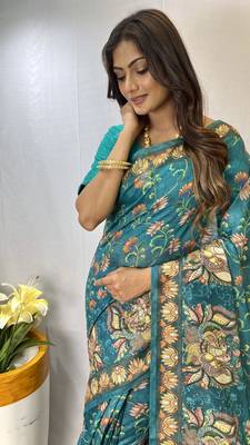 Sky Blue Chanderi Style Cotton Saree And Digital Printed Saree With Blouse For Women 2