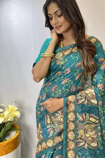 Sky Blue Chanderi Style Cotton Saree And Digital Printed Saree With Blouse For Women