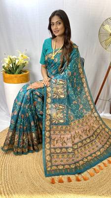 Sky Blue Chanderi Style Cotton Saree And Digital Printed Saree With Blouse For Women 3
