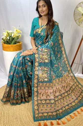 Sky Blue Chanderi Style Cotton Saree And Digital Printed Saree With Blouse For Women