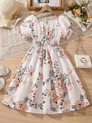 Light orange color printed cotton blend fit&flared style dresses 1