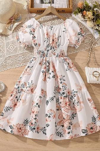 Light orange color printed cotton blend fit&flared style dresses