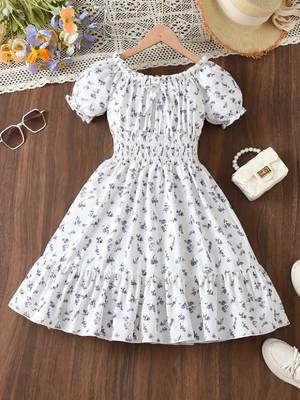 White color printed cotton blend fit&flared style dresses 2