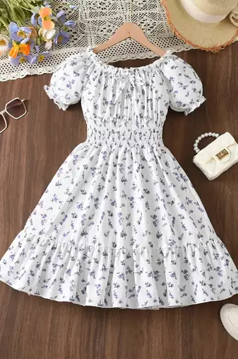 White color printed cotton blend fit&flared style dresses