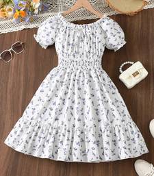 White color printed cotton blend fit&flared style dresses