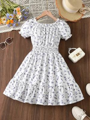 White color printed cotton blend fit&flared style dresses 1
