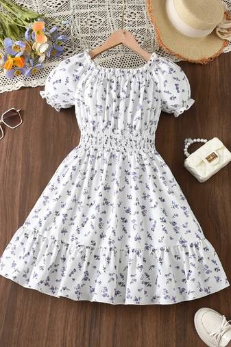 White color printed cotton blend fit&flared style dresses