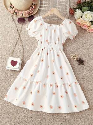 White tint color printed cotton blend fit&flared style dresses 4