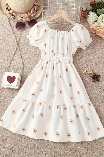 White tint color printed cotton blend fit&flared style dresses