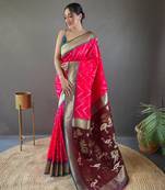 Pink Soft Silk Saree And  Designer Zari Weaving Rich Pallu Saree With Blouse For Women