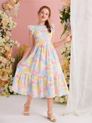 Multi color printed lycra fit&flared style dresses 1