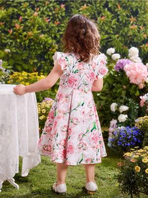Rose color printed cotton blend fit&flared style dresses 2