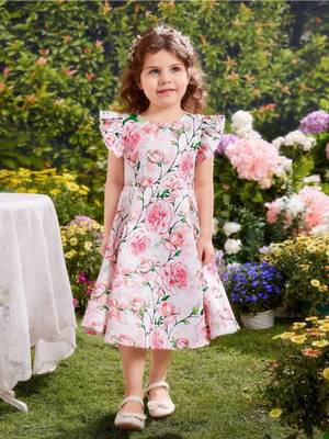 Rose color printed cotton blend fit&flared style dresses 3