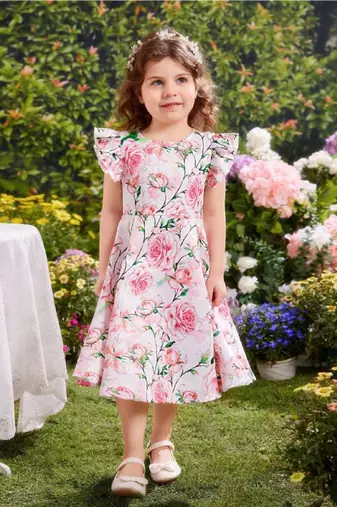 Rose color printed cotton blend fit&flared style dresses