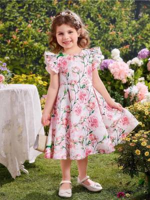 Rose color printed cotton blend fit&flared style dresses 1