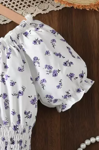 White color printed cotton blend fit&flared style dresses
