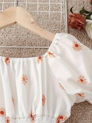 White tint color printed cotton blend fit&flared style dresses 5
