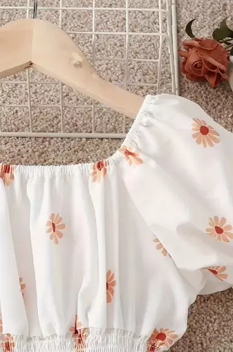 White tint color printed cotton blend fit&flared style dresses