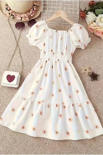 White tint color printed cotton blend fit&flared style dresses