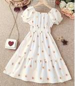 White tint color printed cotton blend fit&flared style dresses