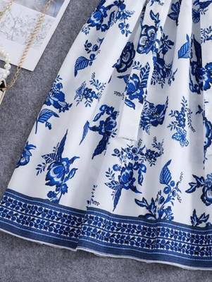 Sky-white color printed cotton blend fit&flared style dresses 2