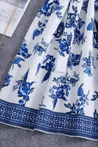 Sky-white color printed cotton blend fit&flared style dresses