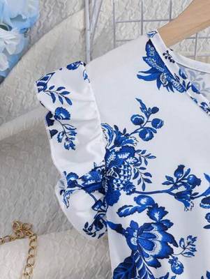 Sky-white color printed cotton blend fit&flared style dresses 3