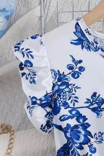 Sky-white color printed cotton blend fit&flared style dresses