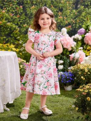 Rose color printed cotton blend fit&flared style dresses 5