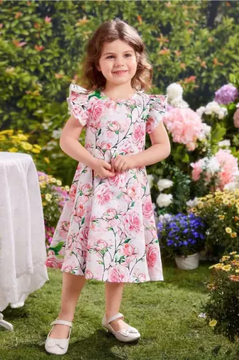 Rose color printed cotton blend fit&flared style dresses