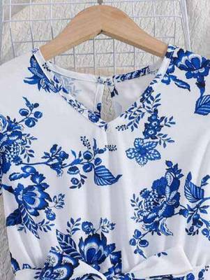 Sky-white color printed cotton blend fit&flared style dresses 5