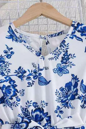 Sky-white color printed cotton blend fit&flared style dresses