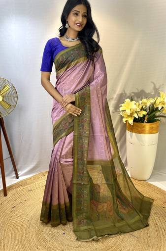Lavender Chanderi Silk And Digital Printe Saree Zari Weaving Rich Pallu Saree With Blouse For Women