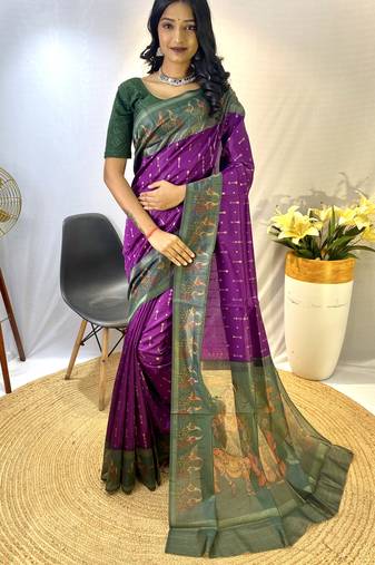 Purple Chanderi Silk And Digital Printe Saree Zari Weaving Rich Pallu Saree With Blouse For Women