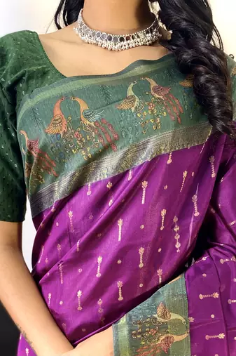 Purple Chanderi Silk And Digital Printe Saree Zari Weaving Rich Pallu Saree With Blouse For Women
