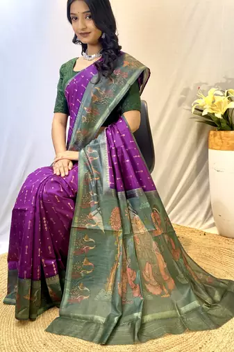 Purple Chanderi Silk And Digital Printe Saree Zari Weaving Rich Pallu Saree With Blouse For Women
