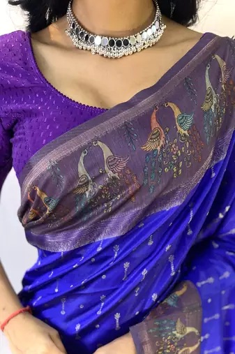 Violet Chanderi Silk And Digital Printe Saree Zari Weaving Rich Pallu Saree With Blouse For Women