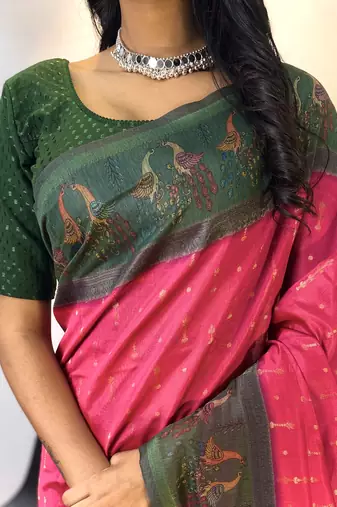 Pink Chanderi Silk And Digital Printe Saree Zari Weaving Rich Pallu Saree With Blouse For Women