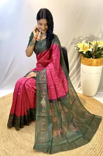 Pink Chanderi Silk And Digital Printe Saree Zari Weaving Rich Pallu Saree With Blouse For Women