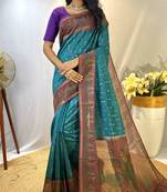 Rama Chanderi Silk And Digital Printe Saree Zari Weaving Rich Pallu Saree With Blouse For Women