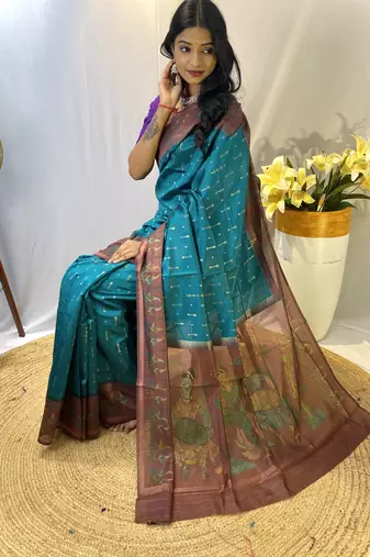 Rama Chanderi Silk And Digital Printe Saree Zari Weaving Rich Pallu Saree With Blouse For Women