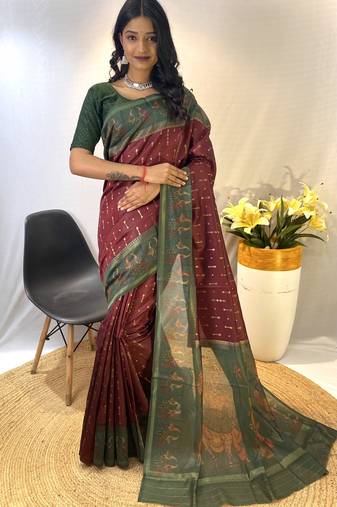 Maroon Chanderi Silk And Digital Printe Saree Zari Weaving Rich Pallu Saree With Blouse For Women