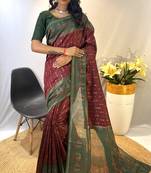 Maroon Chanderi Silk And Digital Printe Saree Zari Weaving Rich Pallu Saree With Blouse For Women