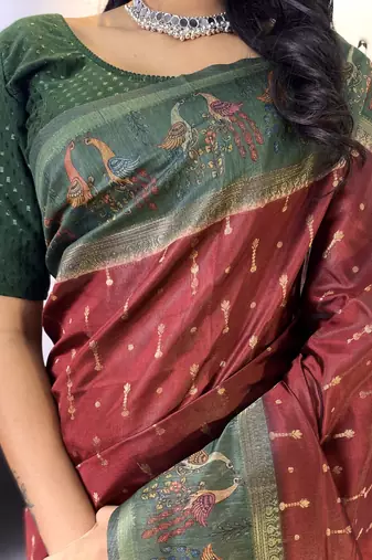 Maroon Chanderi Silk And Digital Printe Saree Zari Weaving Rich Pallu Saree With Blouse For Women