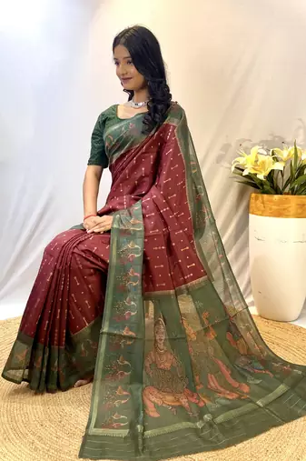 Maroon Chanderi Silk And Digital Printe Saree Zari Weaving Rich Pallu Saree With Blouse For Women
