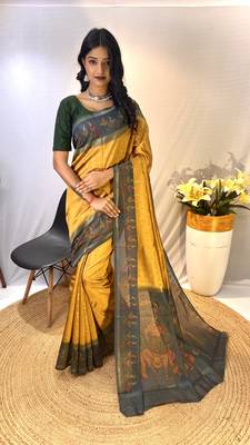 Yellow Chanderi Silk And Digital Printe Saree Zari Weaving Rich Pallu Saree With Blouse For Women 1