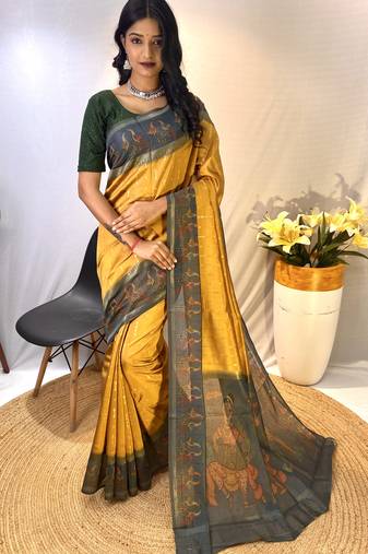 Yellow Chanderi Silk And Digital Printe Saree Zari Weaving Rich Pallu Saree With Blouse For Women