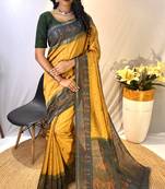 Yellow Chanderi Silk And Digital Printe Saree Zari Weaving Rich Pallu Saree With Blouse For Women