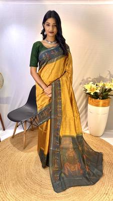 Yellow Chanderi Silk And Digital Printe Saree Zari Weaving Rich Pallu Saree With Blouse For Women 2